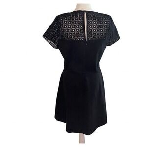 J CREW Fit‎ N Flare Dress 10 Black A-Line Eyelet On Upper Bodice Short Sleeves